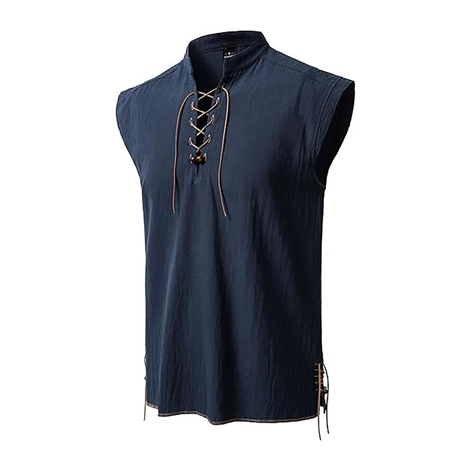 thumbnail image 2 of 2025 Camisa hippie de playa sin mangas para hombre - Mezcla de lino, cuello alto, ligera - Boho veraniego, S-XXL, 2 of 5